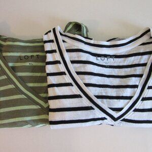 LOFT Lot of Two 100% Cotton Pullover T-Shirts XL Blue/White & Green Stripe